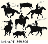 Cowboys with lasso riding a horse at the rodeo. Стоковая иллюстрация, иллюстратор Долотова Елена Викторовна / Фотобанк Лори