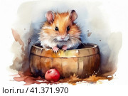 Hamster in a wooden barrel watercolor, illustration, watercolor style, Generative AI. Стоковое AI-изображение, AI-художник Анна Кривицкая / Фотобанк Лори