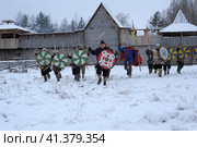The festival is a historical reconstruction of the Viking Age in winter. Vikings attack with shields and helmets (2014 год). Редакционное фото, фотограф Анна Кривицкая / Фотобанк Лори