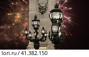 Celebratory colorful fireworks over the Lamp posts on Alexander III Bridge ( 4K, time lapse, with zoom). Paris, France. This arch bridge is one of the most beautiful river crossings in the world (2023 год). Стоковое видео, видеограф Владимир Журавлев / Фотобанк Лори
