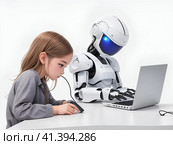 Робот помогает девочке с домашним заданием. Robot Assisting in the Office AI generated. Стоковое AI-изображение, AI-художник Алексей Траст / Фотобанк Лори