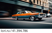 Muscle car rides around the city. Стоковое AI-изображение, AI-художник Кирилл Черезов / Фотобанк Лори