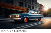 Muscle car rides around the city. Стоковое AI-изображение, AI-художник Кирилл Черезов / Фотобанк Лори
