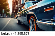 Muscle car rides around the city. Стоковое AI-изображение, AI-художник Кирилл Черезов / Фотобанк Лори