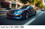 Muscle car rides around the city. Стоковое AI-изображение, AI-художник Кирилл Черезов / Фотобанк Лори