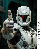 The white robot holds his hand in front of the camera. Close up. Generated by AI. Стоковое AI-изображение, AI-художник Ярославский Максим / Фотобанк Лори