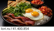 Breakfast with fried eggs and fried bacon. Healthy breakfast. Generated by AI. Стоковое AI-изображение, AI-художник Ярославский Максим / Фотобанк Лори