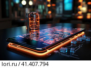 Futuristic smartphone of the future with augmented reality, microchips, microprocessors, integrated circuits, technology science background, AI Generated. Стоковое AI-изображение, AI-художник Станислав Тарко / Фотобанк Лори