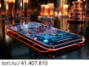 Futuristic smartphone of the future with augmented reality, microchips, microprocessors, integrated circuits, technology science background, AI Generated. Стоковое AI-изображение, AI-художник Станислав Тарко / Фотобанк Лори