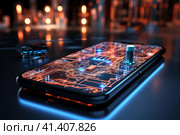 Futuristic smartphone of the future with augmented reality, microchips, microprocessors, integrated circuits, technology science background, AI Generated. Стоковое AI-изображение, AI-художник Станислав Тарко / Фотобанк Лори