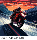 A motorcyclist rushes along a deserted night highway among the mountains. Стоковое AI-изображение, AI-художник Сергей Елизарьев / Фотобанк Лори