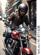 Motorcyclist on the city streets. Стоковое AI-изображение, AI-художник Сергей Елизарьев / Фотобанк Лори