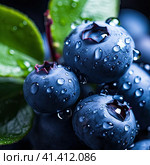 Ripe blueberries in drops of water. Generated by AI. Стоковое AI-изображение, AI-художник Ярославский Максим / Фотобанк Лори
