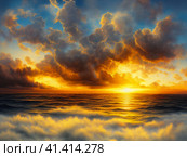 Beautiful sunset sky above clouds with dramatic light. Yellow, orange, red clouds above the horizon. Beautiful evening sky landscape. Sunset over the sea. Generated by artificial intelligence. Стоковое AI-изображение, AI-художник Юлия Петровская / Фотобанк Лори