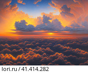 Beautiful sunset sky above clouds with dramatic light. Yellow, orange, red clouds above the horizon. Beautiful evening sky landscape. Sunset over the sea. Generated by artificial intelligence. Стоковое AI-изображение, AI-художник Юлия Петровская / Фотобанк Лори