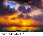 Beautiful sunset sky above clouds with dramatic light. Yellow, orange, red clouds above the horizon. Beautiful evening sky landscape. Sunset over the sea. Generated by artificial intelligence. Стоковое AI-изображение, AI-художник Юлия Петровская / Фотобанк Лори