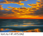 Beautiful sunset sky above clouds with dramatic light. Yellow, orange, red clouds above the horizon. Beautiful evening sky landscape. Sunset over the sea. Generated by artificial intelligence. Стоковое AI-изображение, AI-художник Юлия Петровская / Фотобанк Лори