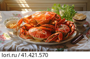 Seafood, crabs on a plate. Стоковое AI-изображение, AI-художник Кирилл Черезов / Фотобанк Лори