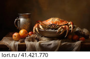 Seafood, crabs on a plate. Стоковое AI-изображение, AI-художник Кирилл Черезов / Фотобанк Лори