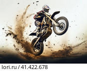 Motorcyclist jumping with a motorcycle in the mud. Стоковое AI-изображение, AI-художник Кирилл Черезов / Фотобанк Лори