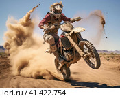 Motorcyclist jumping with a motorcycle in the mud. Стоковое AI-изображение, AI-художник Кирилл Черезов / Фотобанк Лори