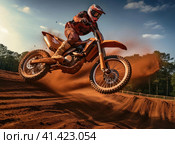Motorcyclist jumping with a motorcycle in the mud. Стоковое AI-изображение, AI-художник Кирилл Черезов / Фотобанк Лори
