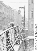 The strong snowstorm in Saint Petersburg. Demidov bridge. B/w image. (2017 год). Стоковое фото, фотограф Григорий Евдокимов / Фотобанк Лори