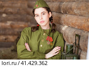 Young woman wearing Red Army form of 1943 year. Стоковое фото, фотограф Андрей Аркуша / Фотобанк Лори