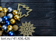 High angle view of Christmas decorations on wooden background. Стоковое фото, фотограф Галина Царькова / Фотобанк Лори