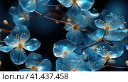 Seamless pattern with Blue glowing glass flowers intallation on blue background. Interior wallpaper. High quality photo. Стоковое AI-изображение, AI-художник Anastaiya Lavrik / Фотобанк Лори