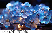 Blue glowing glass flowers intallation on blue background. Interior wallpaper. High quality photo. Стоковое AI-изображение, AI-художник Anastaiya Lavrik / Фотобанк Лори