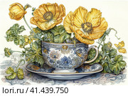 Yellow Trollius still life, illustration, watercolor style, Generative AI. Стоковое AI-изображение, AI-художник Анна Кривицкая / Фотобанк Лори
