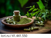 Wooden bowl of moringa powder and capsules on the table. Superfood, dietary supplement. AI generated. Стоковое AI-изображение, AI-художник Александра Селина / Фотобанк Лори