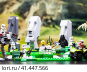 RUSSIA, April 17, 2018. Constructor Lego Star Wars. Squad of stormtroopers and Darth Vader on Easter Island. Редакционное фото, фотограф Андрей Аркуша / Фотобанк Лори