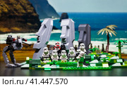 RUSSIA, April 17, 2018. Constructor Lego Star Wars. Squad of stormtroopers and Darth Vader on Easter Island. Редакционное фото, фотограф Андрей Аркуша / Фотобанк Лори
