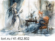 Witch and ghost spending time drinking tea together, watercolor illustration, watercolor style, Generative AI. Стоковое AI-изображение, AI-художник Анна Кривицкая / Фотобанк Лори