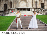 Childrens ballroom dance couple in suits. Стоковое фото, фотограф Андрей Аркуша / Фотобанк Лори