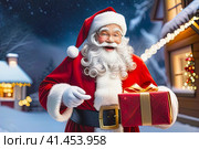 Jolly Santa with gifts walking down a snowy streetю AI generated image. Стоковое AI-изображение, AI-художник Галина Царькова / Фотобанк Лори