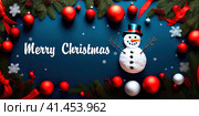 Merry Christmas banner with a snowman, fir branches, and red baubles on a blue background. AI generated image. Стоковое AI-изображение, AI-художник Галина Царькова / Фотобанк Лори
