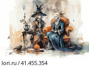 Witch and ghost spending time drinking tea together, watercolor illustration, watercolor style, Generative AI. Стоковое AI-изображение, AI-художник Анна Кривицкая / Фотобанк Лори