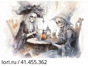 Witch and ghost spending time drinking tea together, watercolor illustration, watercolor style, Generative AI. Стоковое AI-изображение, AI-художник Анна Кривицкая / Фотобанк Лори