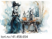 Witch and ghost spending time drinking tea together, watercolor illustration, watercolor style, Generative AI. Стоковое AI-изображение, AI-художник Анна Кривицкая / Фотобанк Лори