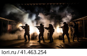 A group of military with weapons training at night. Стоковое AI-изображение, AI-художник Кирилл Черезов / Фотобанк Лори