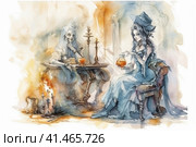 Witch and ghost spending time drinking tea together, watercolor illustration, watercolor style, Generative AI. Стоковое AI-изображение, AI-художник Анна Кривицкая / Фотобанк Лори