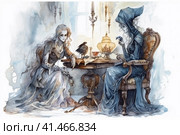 Witch and ghost spending time drinking tea together, watercolor illustration, watercolor style, Generative AI. Стоковое AI-изображение, AI-художник Анна Кривицкая / Фотобанк Лори
