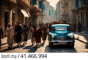 Refugees from the Middle East on the street of European city. Poverty, war and economy crisis concept. AI. Стоковое AI-изображение, AI-художник Sergey Grishin / Фотобанк Лори