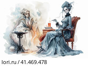 Witch and ghost spending time drinking tea together, watercolor illustration, watercolor style, Generative AI. Стоковое AI-изображение, AI-художник Анна Кривицкая / Фотобанк Лори