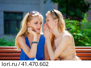 Two young beautiful women secret at summer green park. Стоковое фото, фотограф Андрей Аркуша / Фотобанк Лори