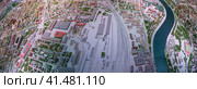 Moscow, Russia - November 16, 2019: The architectural Moscow Grand maket, layout of buldings and roads. Bird's eye view. Fish eye lens. Редакционное фото, фотограф YuryKara / Фотобанк Лори