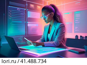 Serious businesswoman using mobile phone while sitting in front of laptop in office with glowing background. Стоковое AI-изображение, AI-художник Галина Царькова / Фотобанк Лори